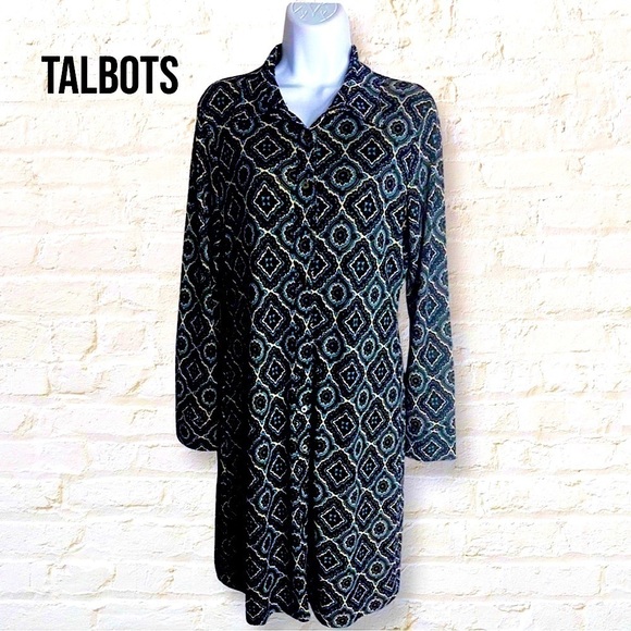 Talbots Medallion Brown Blue Knit Long-Sleeve Dress Petite Size 6P - Picture 1 of 3